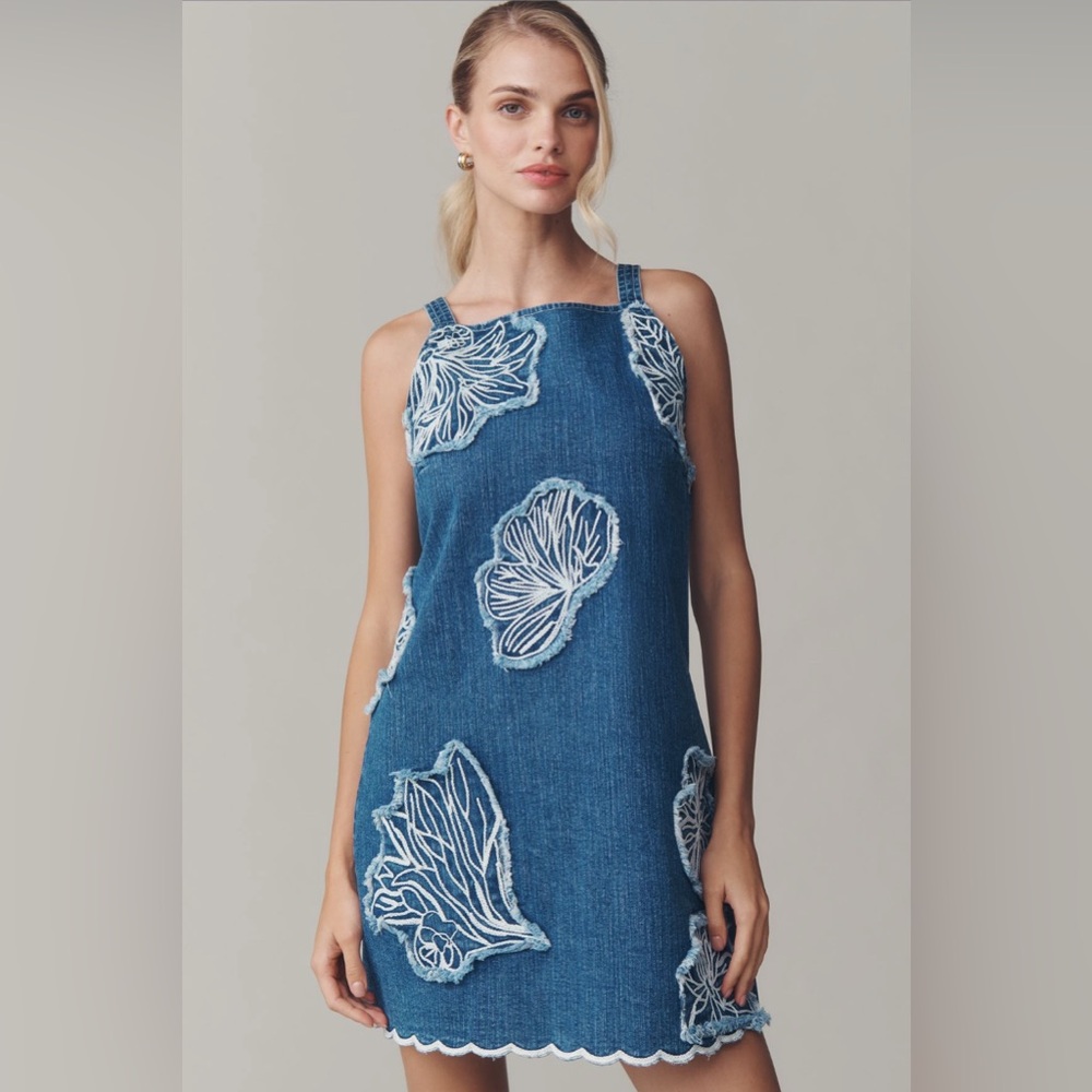 ✨ Anthropologie Sleeveless Embroidered Denim Mini Dress Sz L
